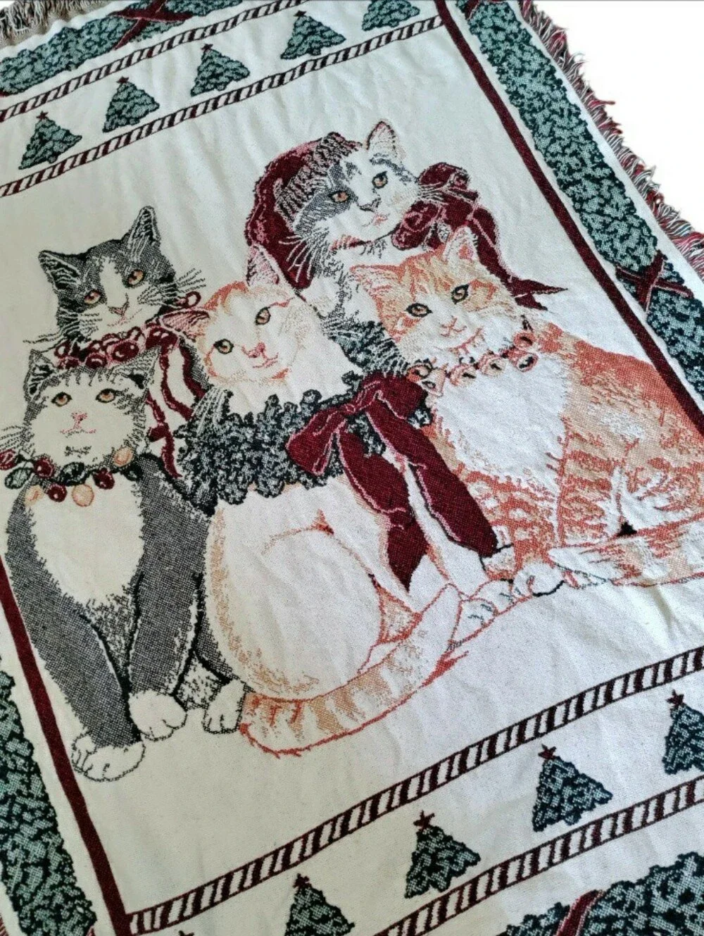 Woven Tapestry Fringe Blanket Holiday Cats 50x70 Christmas Feline Cottagecore